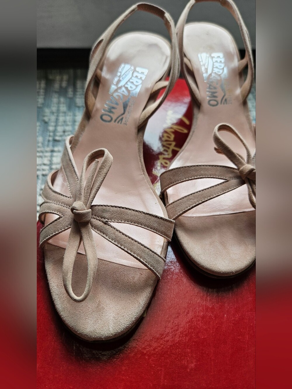 Salvatore Ferragamo Beige Suede Bow Slingback Sandals